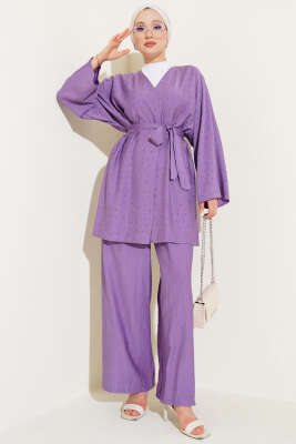 Mini Taş Süslemeli Kimono İkili Takım Lila 