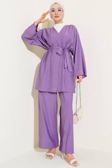 Mini Taş Süslemeli Kimono İkili Takım Lila - İkili Takım