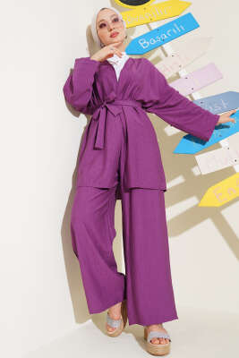 Mini Taş Süslemeli Kimono İkili Takım Mor - İkili Takım
