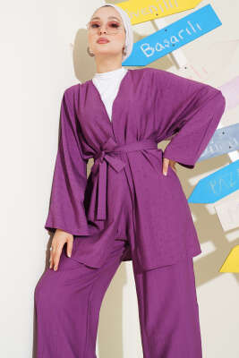 Mini Taş Süslemeli Kimono İkili Takım Mor - İkili Takım