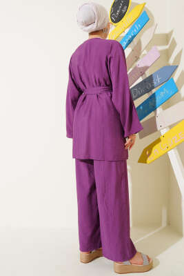 Mini Taş Süslemeli Kimono İkili Takım Mor - İkili Takım