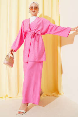 Mini Taş Süslemeli Kimono İkili Takım Pembe - İkili Takım