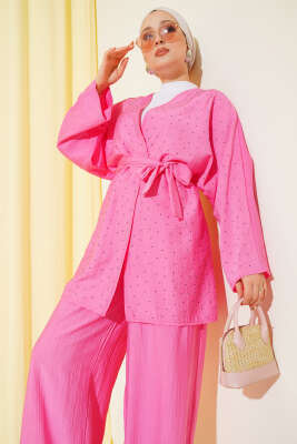 Mini Taş Süslemeli Kimono İkili Takım Pembe - İkili Takım