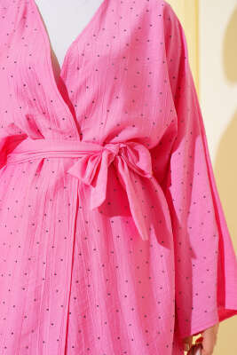 Mini Taş Süslemeli Kimono İkili Takım Pembe - İkili Takım