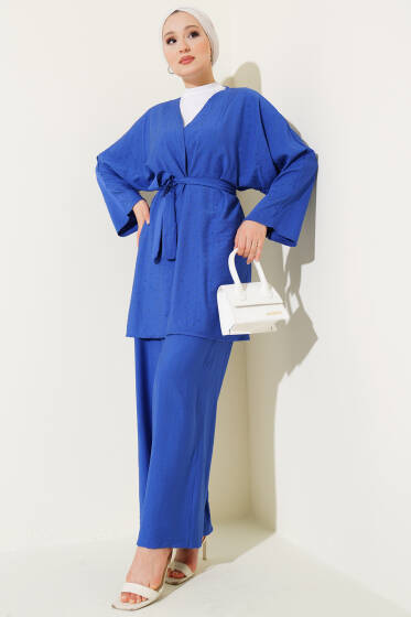 Mini Taş Süslemeli Kimono İkili Takım Saks - İkili Takım