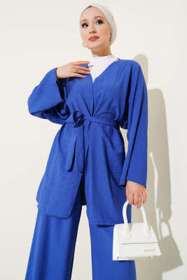 Mini Taş Süslemeli Kimono İkili Takım Saks - İkili Takım