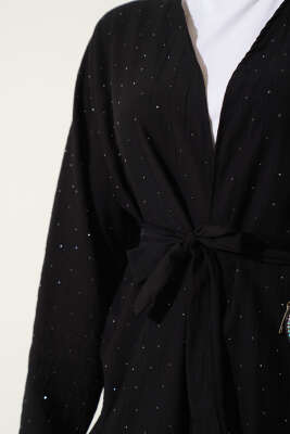 Mini Taş Süslemeli Kimono İkili Takım Siyah - İkili Takım