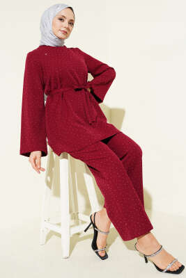 Mini Taş Süslemeli Kuşaklı İkili Takım Bordo - CNR TEKSTİL