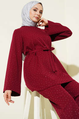 Mini Taş Süslemeli Kuşaklı İkili Takım Bordo - İkili Takım