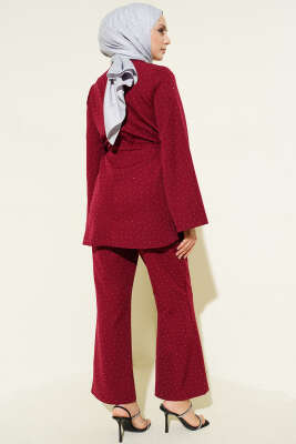 Mini Taş Süslemeli Kuşaklı İkili Takım Bordo - İkili Takım