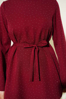 Mini Taş Süslemeli Kuşaklı İkili Takım Bordo - İkili Takım