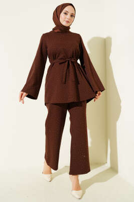 Mini Taş Süslemeli Kuşaklı İkili Takım Kahve - CNR TEKSTİL