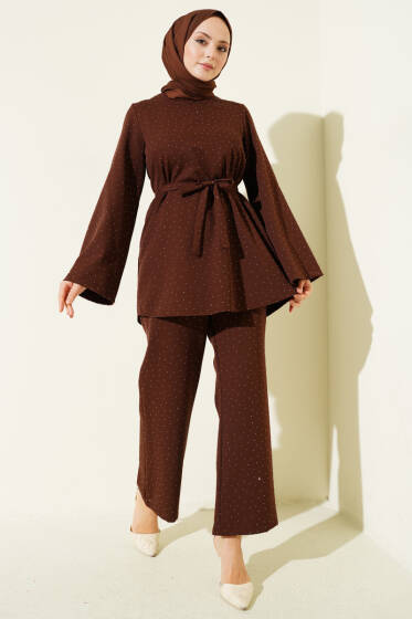 Mini Taş Süslemeli Kuşaklı İkili Takım Kahve - İkili Takım
