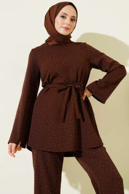 Mini Taş Süslemeli Kuşaklı İkili Takım Kahve - İkili Takım