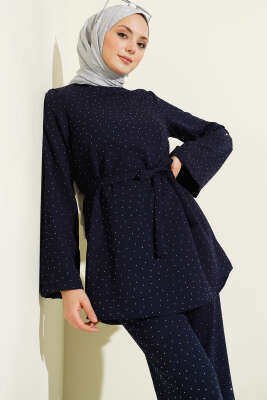 Mini Taş Süslemeli Kuşaklı İkili Takım Lacivert - 700-1000 TL Ürünler