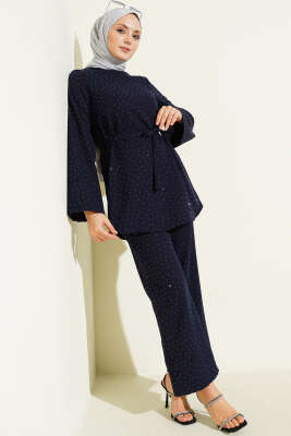 Mini Taş Süslemeli Kuşaklı İkili Takım Lacivert - CNR TEKSTİL