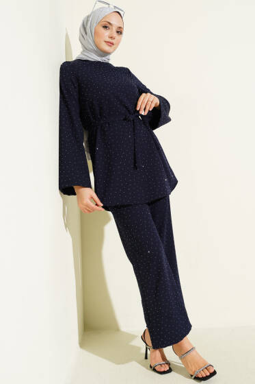Mini Taş Süslemeli Kuşaklı İkili Takım Lacivert - İkili Takım