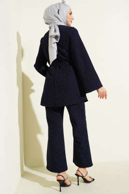 Mini Taş Süslemeli Kuşaklı İkili Takım Lacivert - İkili Takım