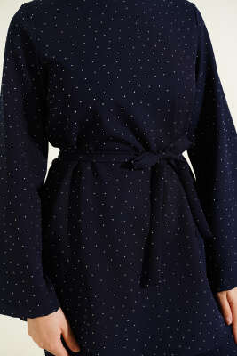 Mini Taş Süslemeli Kuşaklı İkili Takım Lacivert - İkili Takım