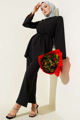 Mini Taş Süslemeli Kuşaklı İkili Takım Siyah - CNR TEKSTİL