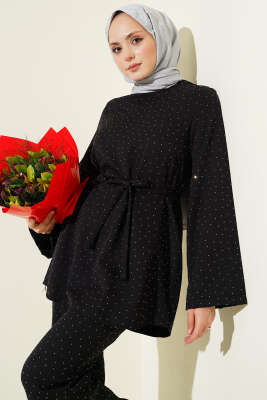 Mini Taş Süslemeli Kuşaklı İkili Takım Siyah - İkili Takım