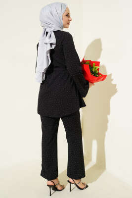 Mini Taş Süslemeli Kuşaklı İkili Takım Siyah - İkili Takım