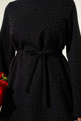 Mini Taş Süslemeli Kuşaklı İkili Takım Siyah - İkili Takım