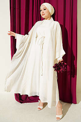 Mini Taşlı Abaya Takım Ekru - HEWES