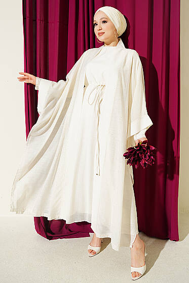 Mini Taşlı Abaya Takım Ekru - Elbise