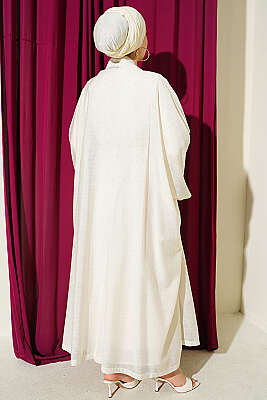 Mini Taşlı Abaya Takım Ekru - Elbise