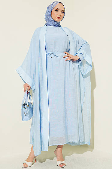 Mini Taşlı Abaya Takım Mavi - Elbise
