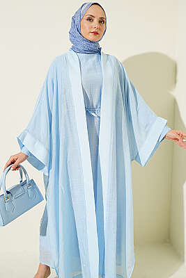 Mini Taşlı Abaya Takım Mavi - Elbise