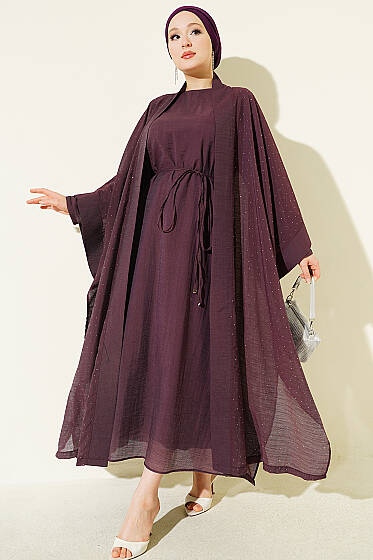 Mini Taşlı Abaya Takım Mürdüm - Elbise