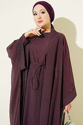 Mini Taşlı Abaya Takım Mürdüm - Elbise
