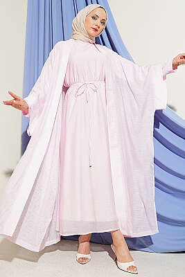 Mini Taşlı Abaya Takım Pembe - HEWES