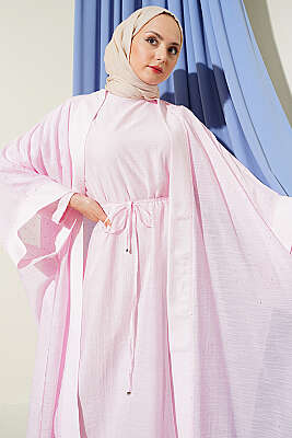Mini Taşlı Abaya Takım Pembe - Elbise