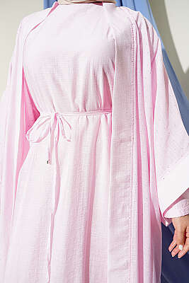 Mini Taşlı Abaya Takım Pembe - Elbise
