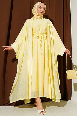 Mini Taşlı Abaya Takım Sarı - HEWES
