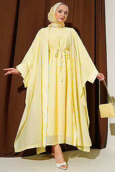 Mini Taşlı Abaya Takım Sarı - Elbise
