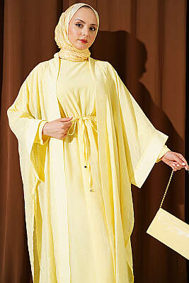 Mini Taşlı Abaya Takım Sarı - Elbise