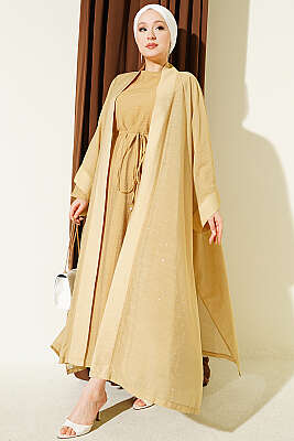Mini Taşlı Abaya Takım Yağ Yeşili - HEWES
