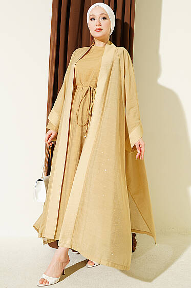 Mini Taşlı Abaya Takım Yağ Yeşili - Elbise