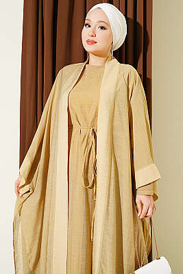 Mini Taşlı Abaya Takım Yağ Yeşili - Elbise
