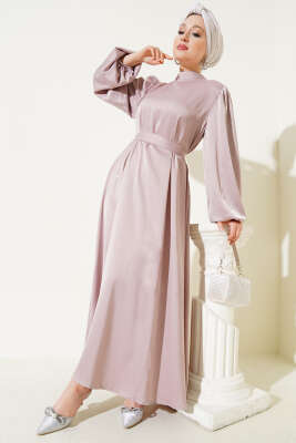 Mini Taşlı Balon Kol Saten Elbise Bej 