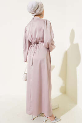 Mini Taşlı Balon Kol Saten Elbise Bej - Tesettür Elbise