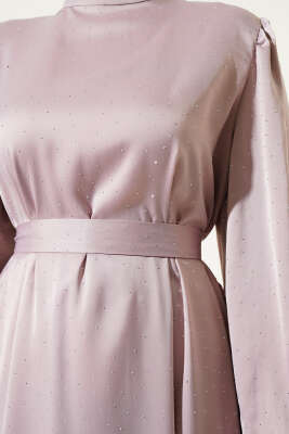 Mini Taşlı Balon Kol Saten Elbise Bej - Tesettür Elbise