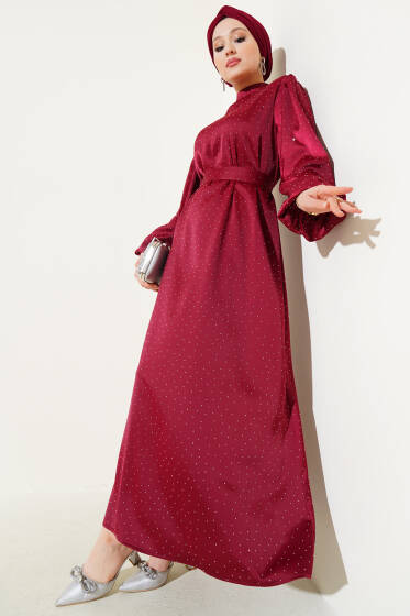 Mini Taşlı Balon Kol Saten Elbise Bordo - Elbise