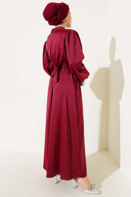 Mini Taşlı Balon Kol Saten Elbise Bordo - Tesettür Elbise