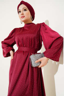 Mini Taşlı Balon Kol Saten Elbise Bordo - Tesettür Elbise