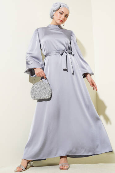 Mini Taşlı Balon Kol Saten Elbise Gri - Elbise